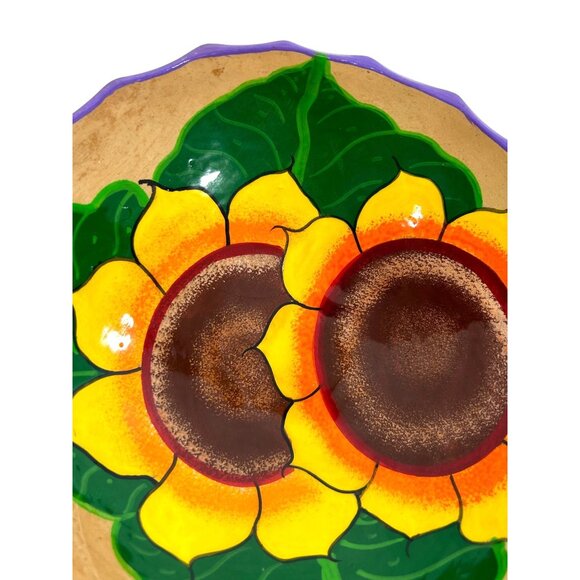 Sunflowers Pottery Hanging Bowl Glazed 3-Footed 7.24” x 2.5” Vintage Handmade - Picture 16 of 17